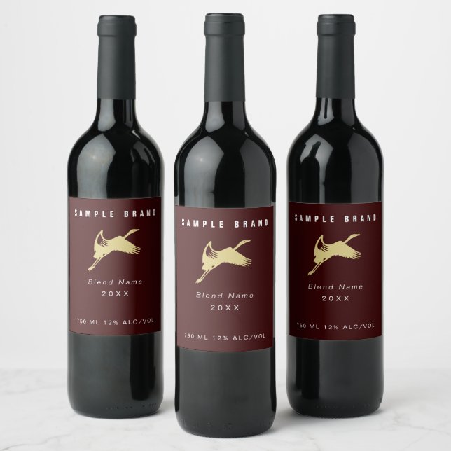 Modern Oxblood Red Yellow Minimal Elegant Bird Wine Label (Bottles)