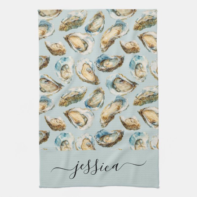 Modern oysters pattern script name kitchen towel (Vertical)