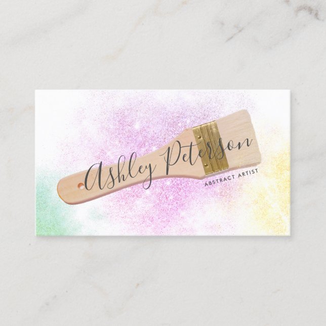 Modern paint brush artist photo pink glitter business card (Front)