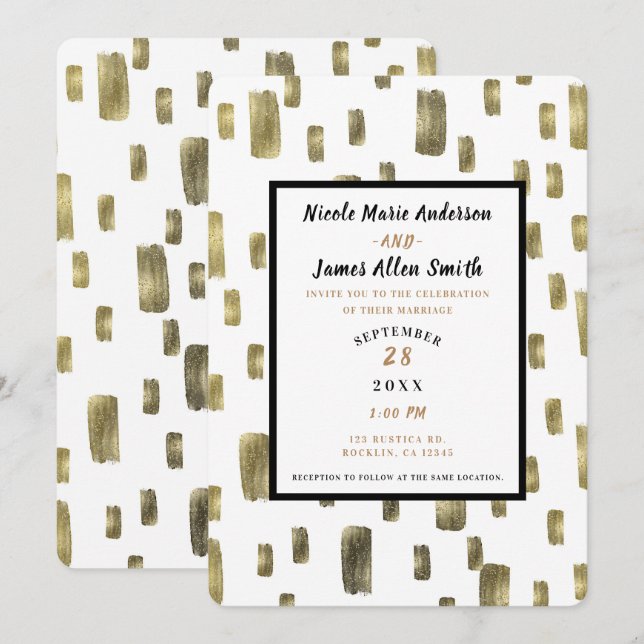 Modern Paint Brush Gold Copper Bronze Wedding Invitation (Front/Back)