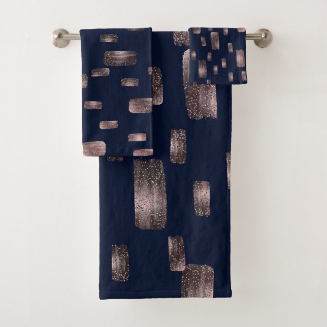 Modern Paint Brush Rose Gold & Navy Blue Sparkle Bath Towel Set (Insitu)