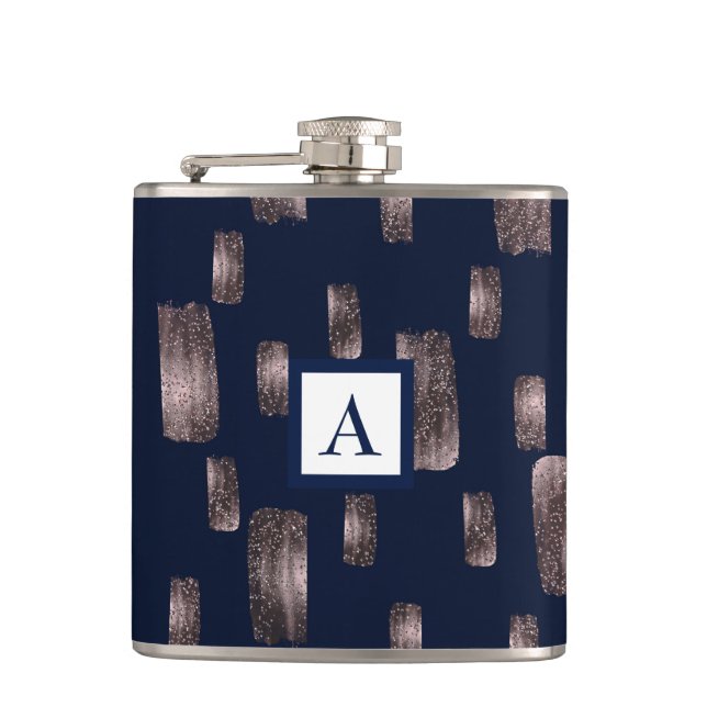 Modern Paint Brush Rose Gold & Navy Blue Sparkle Hip Flask (Front)