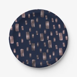 Modern Paint Brush Rose Gold & Navy Blue Sparkle Paper Plate