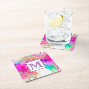 Modern Paint Splash Glitter Monogram Square Paper Coaster