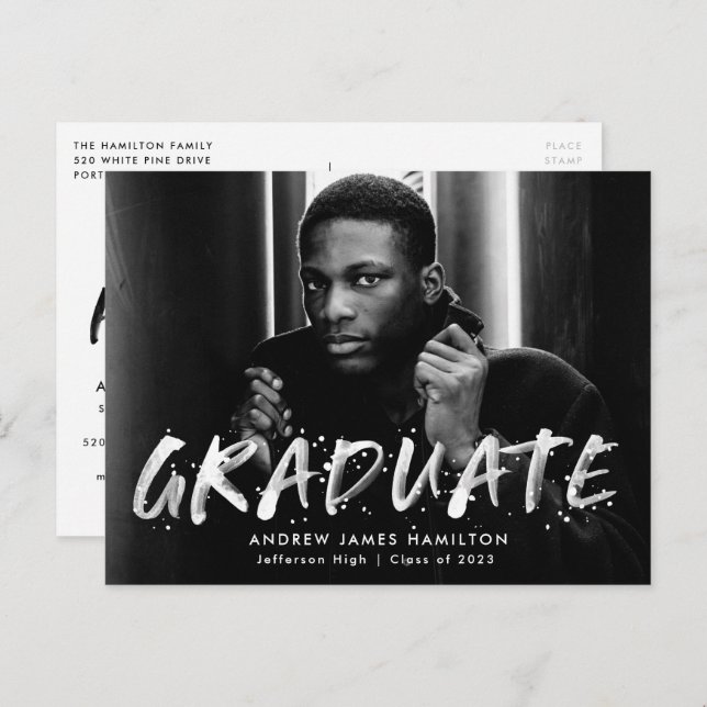 Modern Paint Splatter Photo Graduation Party Invitation Postcard (Front/Back)