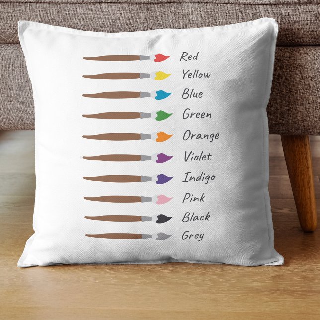 Modern Paintbrushes with Colour Names Educational Throw Pillow (Creator Uploaded)