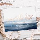 Modern Painted Beach Ocean Theme Save The Date<br><div class="desc">This modern yet elegant save the date announcement features a painted beach / ocean background, the greeting "save the date" in real pressed foil, and your details. This design would be perfect for a beach wedding or a destination wedding. You can customize this design even further by adding another photo...</div>