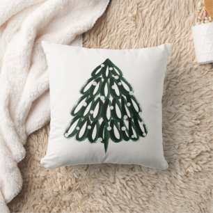 Modern Painted Christmas Tree Green & White Brush  Throw Pillow