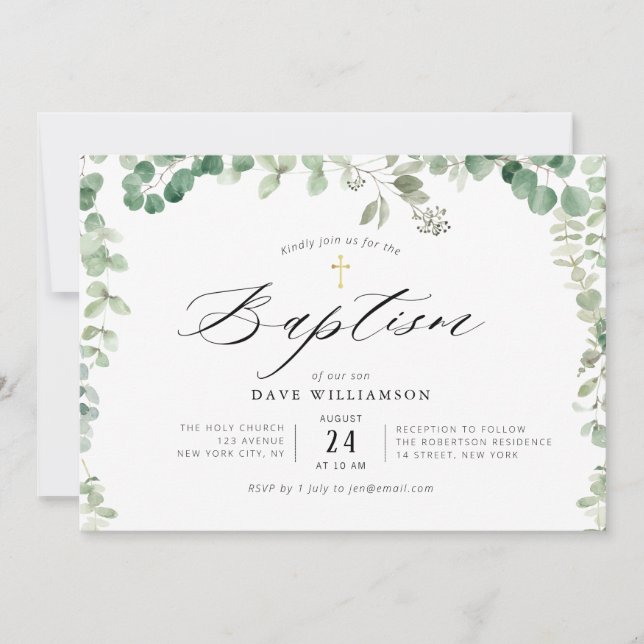modern painted eucalyptus elegant frame baptism invitation (Front)