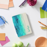 Modern painted sparkling seas name aqua sand iPad mini cover<br><div class="desc">original modern sea and sand patterned case in aqua,  green blue with white waves and sandy tones. Customize with the name of your choice. Example reads Kaitlyn. Original hand painted artwork with graphic overlay design by Sarah Trett for www.mylittleeden.com</div>