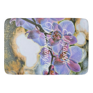 Modern Painting Purple Blue Orchid Flowers Bath Mat