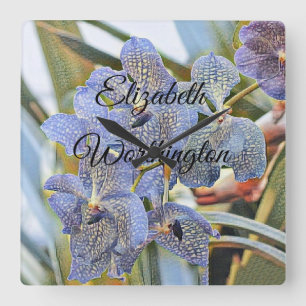 Modern Painting Purple Blue Orchid Flowers Square Wall Clock