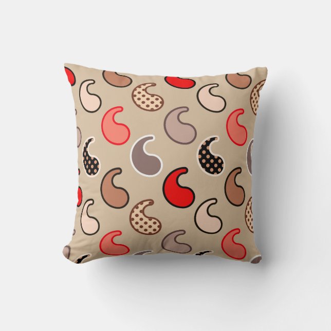 Modern Paisley pattern, Beige, Red, Grey and Coral Throw Pillow (Front)