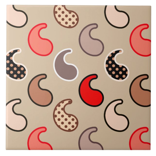Modern Paisley pattern, Beige, Red, Grey and Coral Tile (Front)