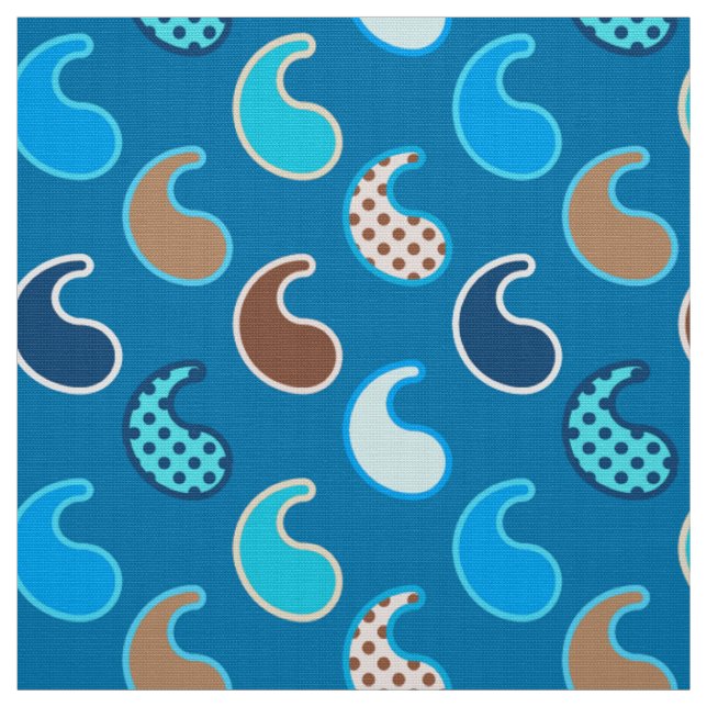 Modern Paisley pattern, Cerulean Blue, Tan & Aqua Fabric (Swatch)
