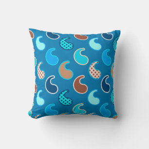 Modern Paisley pattern, Cerulean Blue, Tan & Aqua Throw Pillow