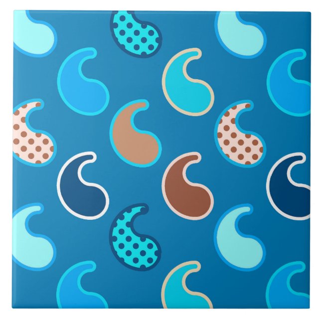 Modern Paisley pattern, Cerulean Blue, Tan & Aqua Tile (Front)