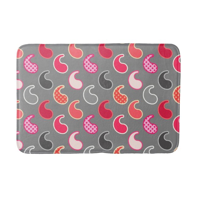 Modern Paisley pattern, Coral, Pink on Grey / Grey Bath Mat (Front)