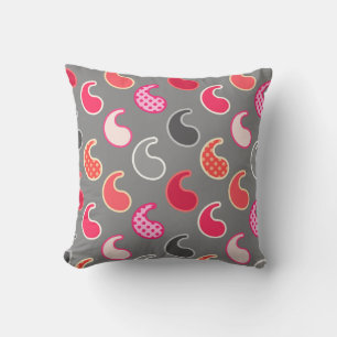 Modern Paisley pattern, Coral, Pink on Grey / Grey Throw Pillow
