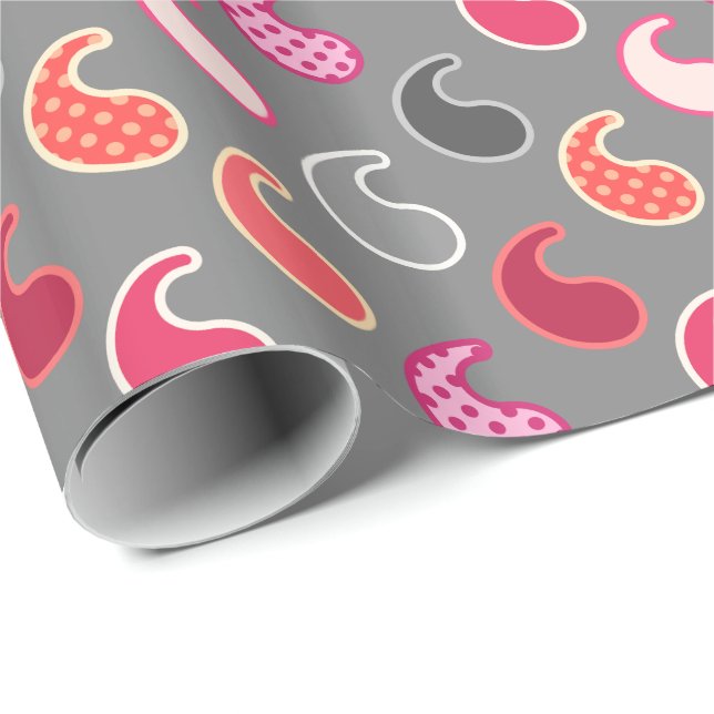Modern Paisley pattern, Coral, Pink on Grey / Grey Wrapping Paper (Roll Corner)