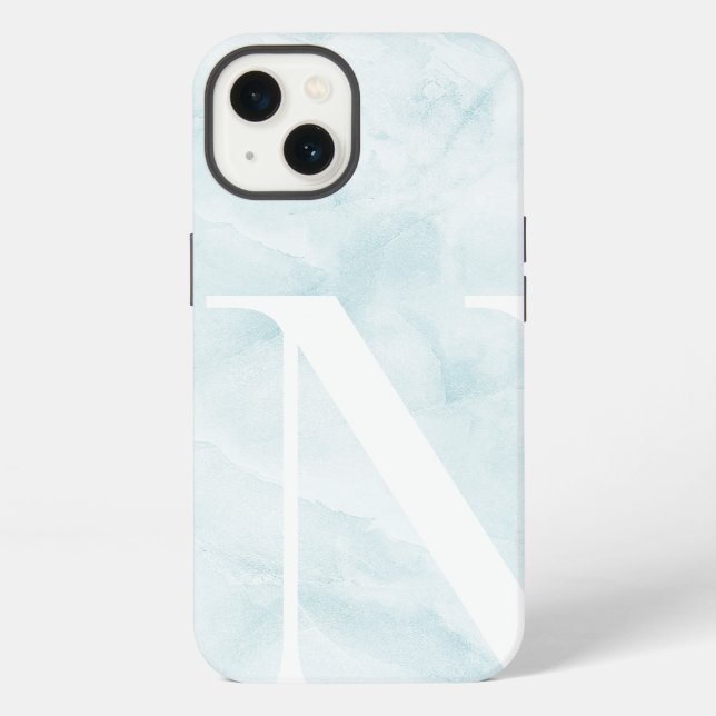 Modern Pale Aqua Marble Large Scale Monogram iPhone Case (Back)