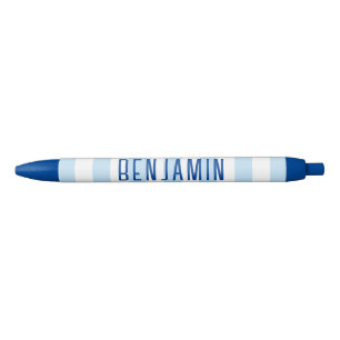 Modern Pale Blue and White Stripe Name Black Ink Pen