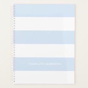 Modern pale blue white stripes custom name text planner