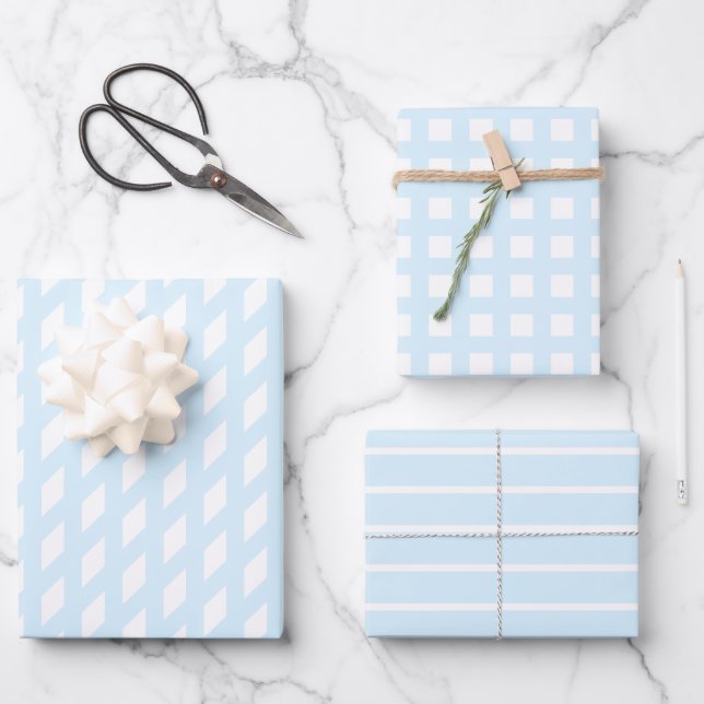 Modern pale blue white stripes plaid grid pattern wrapping paper sheet (Front)