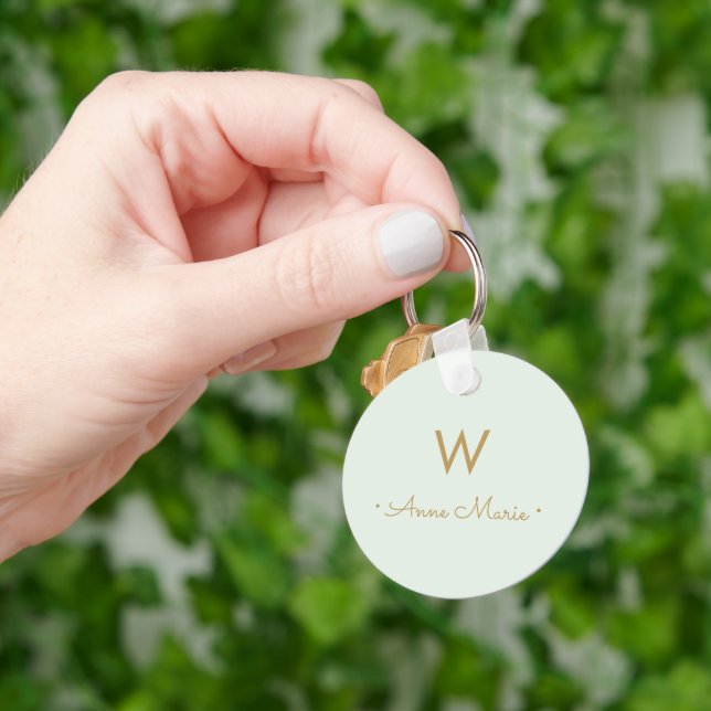 Modern Pale Green Gold Minimalist Monogram Keychain (Hand)