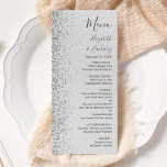 Modern Pale Grey Silver Glitter Edge Wedding Menu<br><div class="desc">The left-hand edge of this elegant modern wedding menu features a silver faux glitter design. The customizable text combines charcoal grey handwriting,  copperplate and italic fonts on a pale grey background. The reverse side features a matching pale grey and silver glitter design.</div>