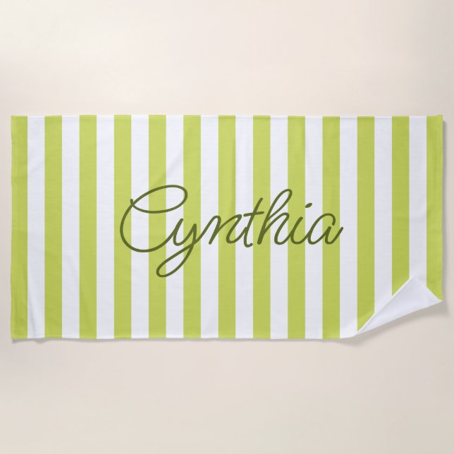 Modern Pale Lime Stripe Personalized Beach Towel (Front)