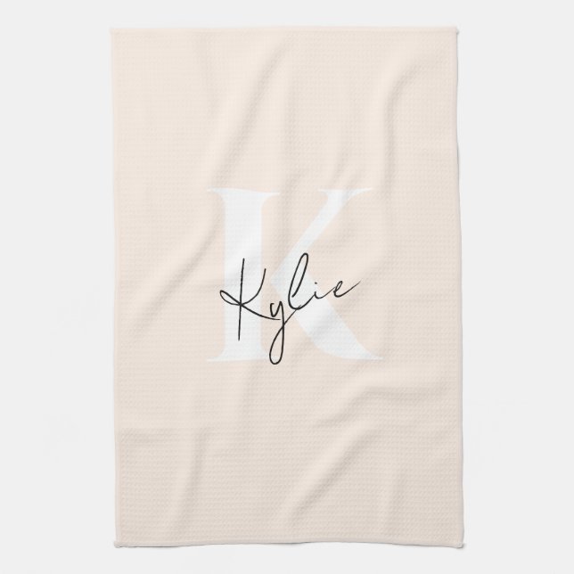 Modern Pale Peach Personalized Monogram Name -  Kitchen Towel (Vertical)