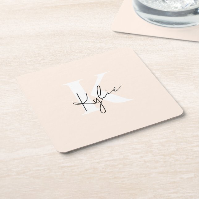 Modern Pale Peach Personalized Monogram Name -  Square Paper Coaster (Angled)