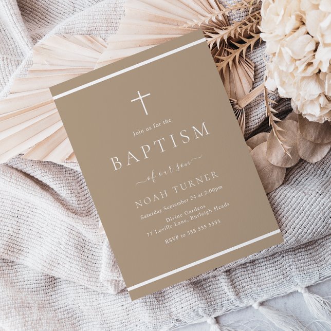 Modern Pale Taupe Baptism White Border Invitation (Creator Uploaded)