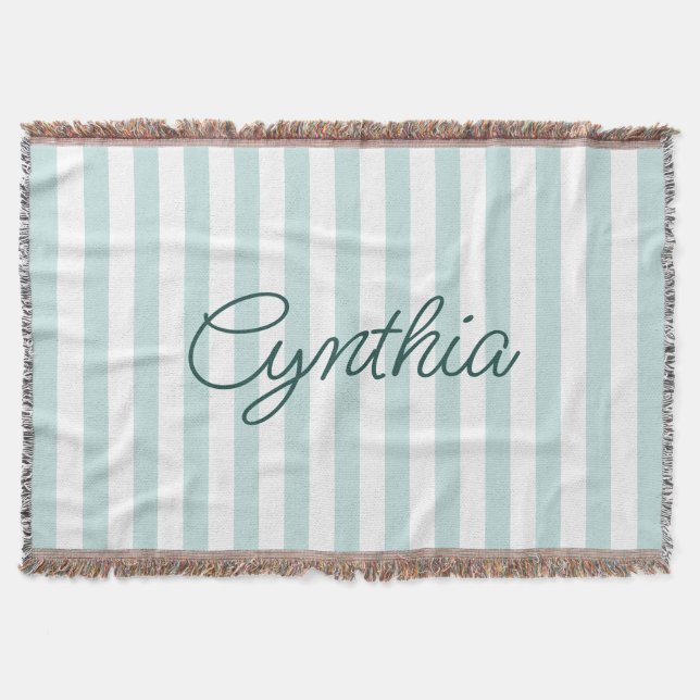 Modern Pale Teal Stripe Personalized Throw Blanket (Front)
