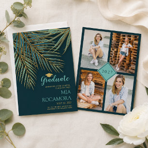 Modern Palm Frond Gold and Teal Graduation Announcement