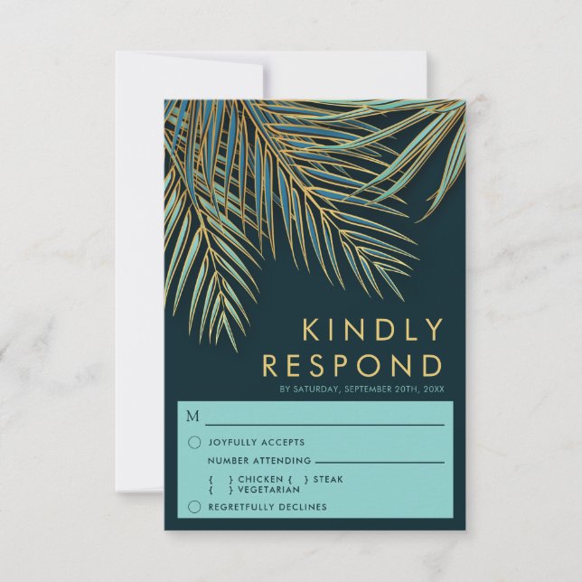 Modern Palm Gold Teal Beach Wedding Meal Choice RSVP Card (Front)