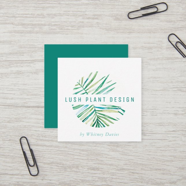 MODERN PALM LEAF LOGO lush botanical life green Square Business Card (Front/Back In Situ)
