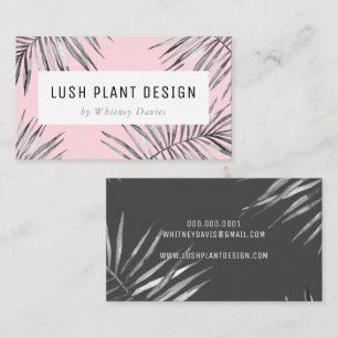 MODERN PALM LEAF lush botanical black grey pink Business Card