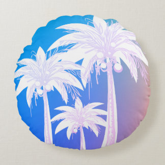 Modern Palm Leaf Watercolor Colourful Blue Pink Round Pillow