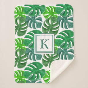 Modern Palm Leaves Monogram Sherpa Blanket