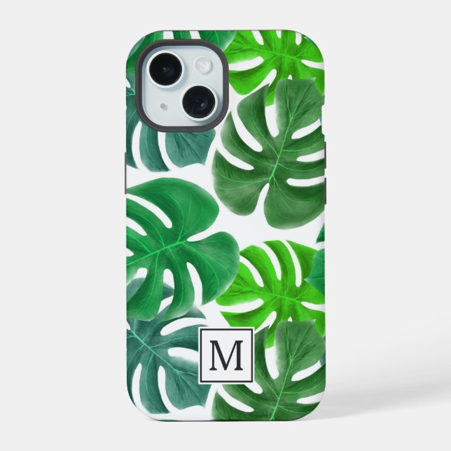 Modern Palm Leaves Pattern Monogram iPhone 15 Case (Back)