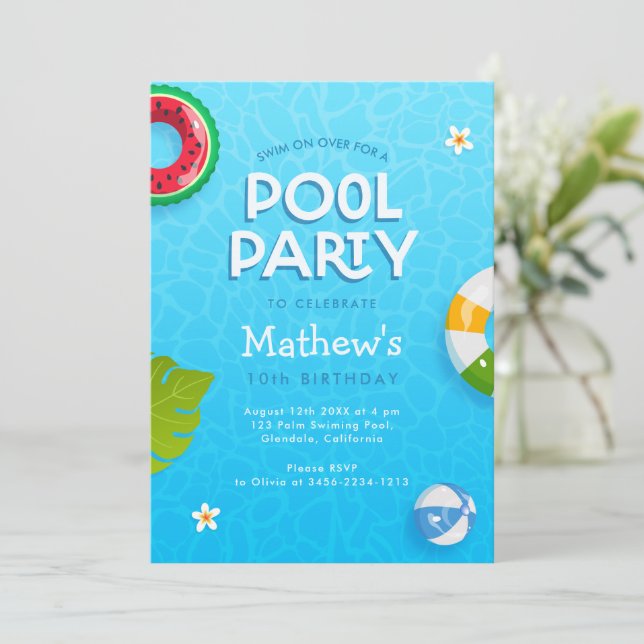 Modern Palm Leaves Summer Pool Party Invitation (Standing Front)