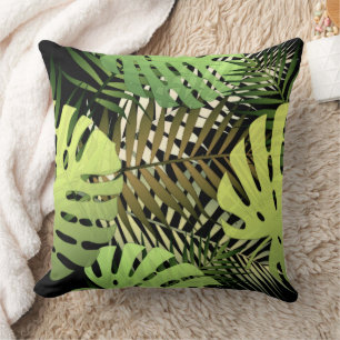 Modern Palm Leaves Tropical Jungle Black Green Throw Pillow