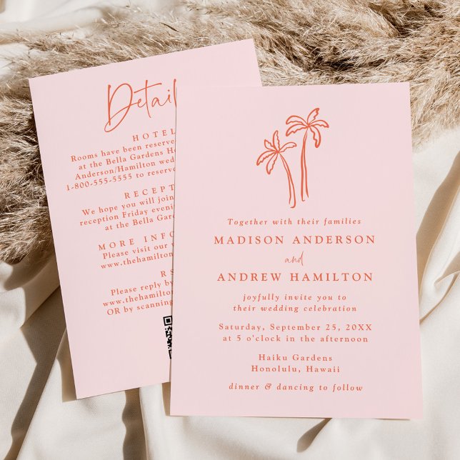 Modern Palm Trees Pink QR Code All in One Wedding Invitation (Creator Uploaded)