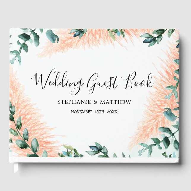 Modern Pampas Foliage Greenery Watercolor Wedding Guest Book (Front)