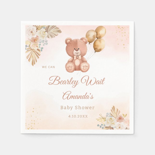 Modern Pampas Grass Boho Teddy Bear Baby Shower Napkin (Front)