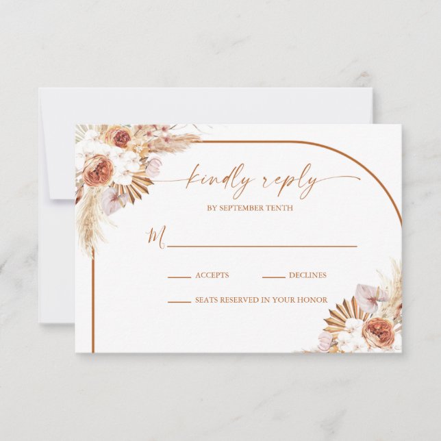 Modern Pampas Grass Boho Terracotta Wedding RSVP Card (Front)