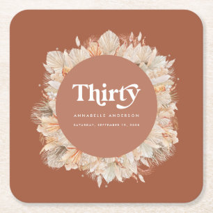 Modern pampas grass terracotta 30th birthday square paper coaster