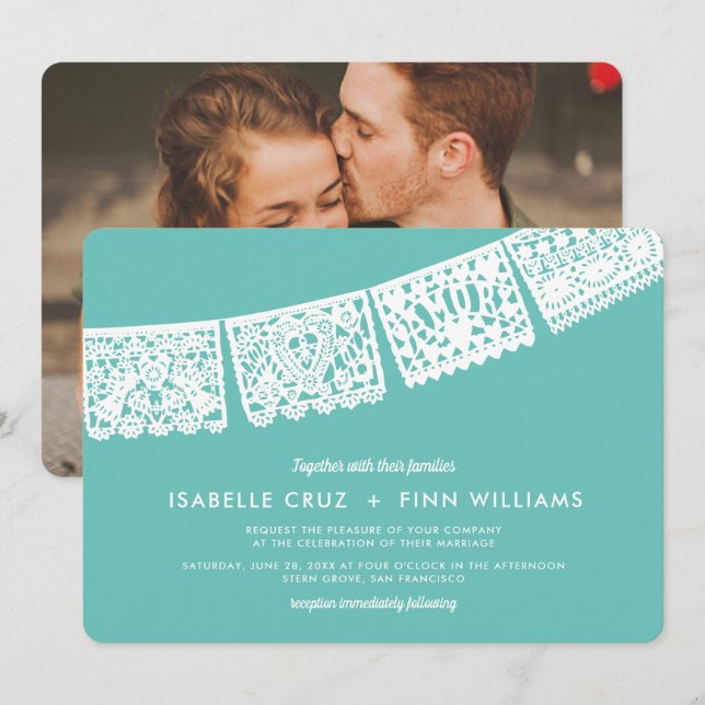 Modern Papel Picado Custom Colour + Photo | Weddin Invitation (Front/Back)